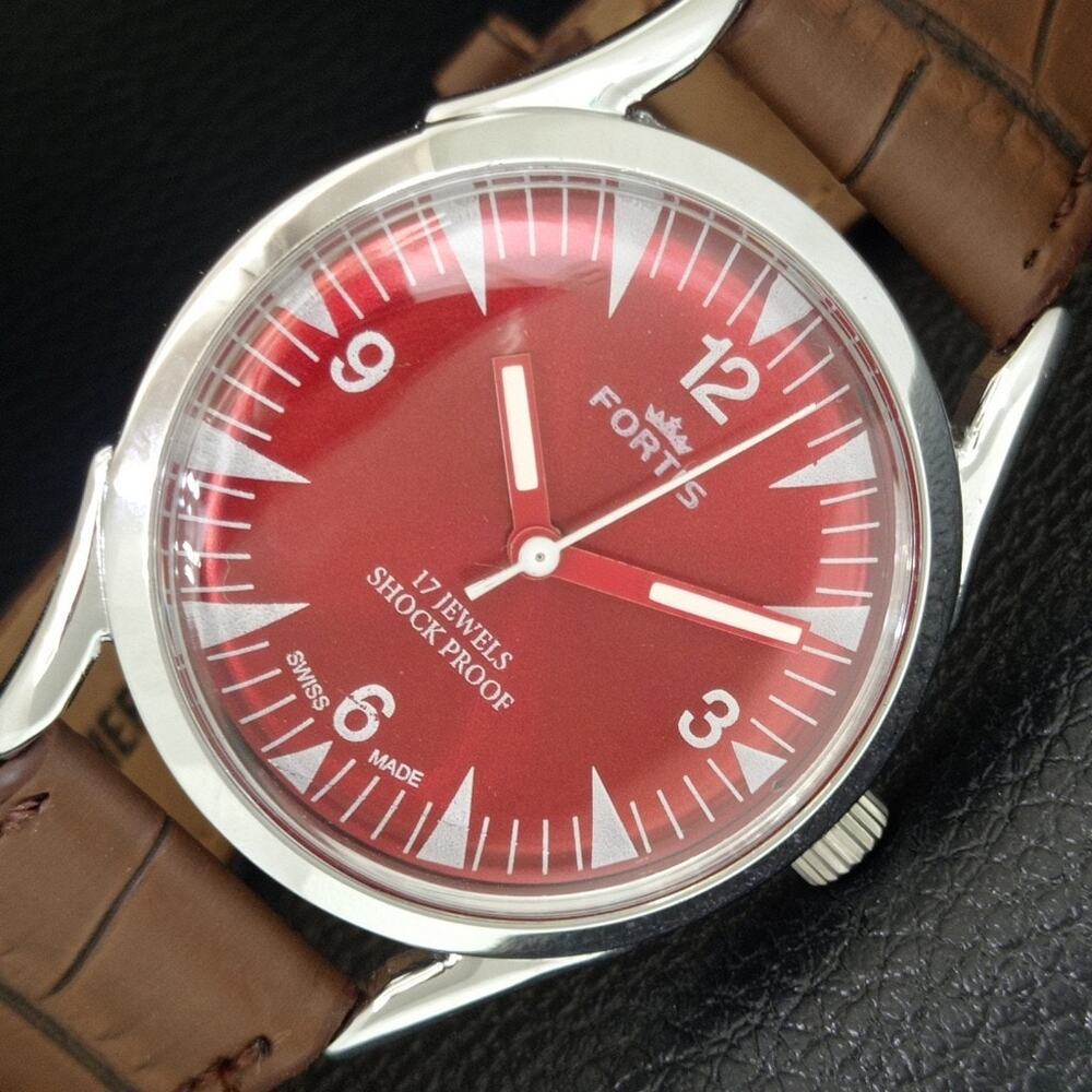 Vintage 1976 Fortis Manual Mens Silver Watch W/Leather Strap & Red accents